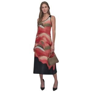 DKNY Women's Sleeveless Border Midi Dress in Brushed Marble Orange